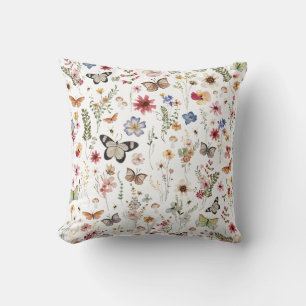Colorful Vintage Wildflowers Butterflies Botanical Cushion