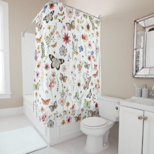 Colorful Vintage Wildflowers Butterflies Botanical Shower Curtain