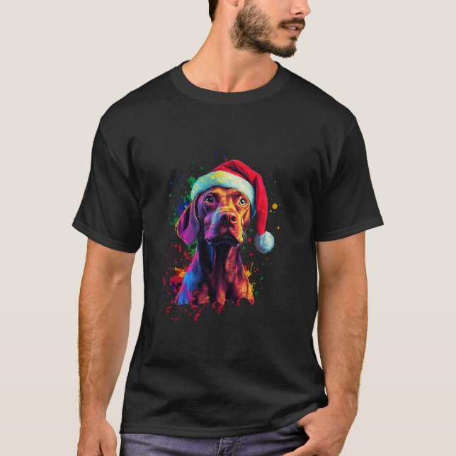 Colorful Vizsla Santa Hat Artistic Christmas Dog  T-Shirt (Front)