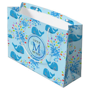 Colorful Water Splash Blue Whale Monogram Pattern Large Gift Bag