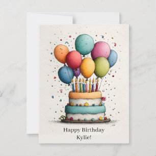 Colorful Watercolor Birthday Cake with Candles Postcard