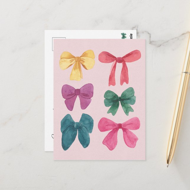 Colorful Watercolor Bows Postcard (Front/Back In Situ)