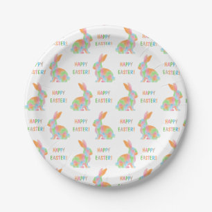 Colorful Watercolor Bunnies And Happy Easter Text Paper Plate