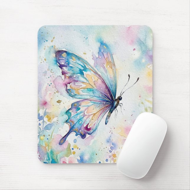 Colorful Watercolor Butterfly Floral Mouse Mat (With Mouse)