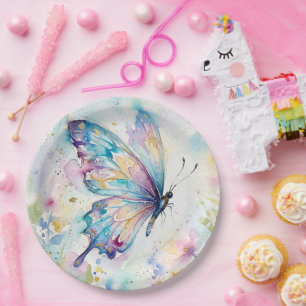 Colorful Watercolor Butterfly Floral Paper Plate