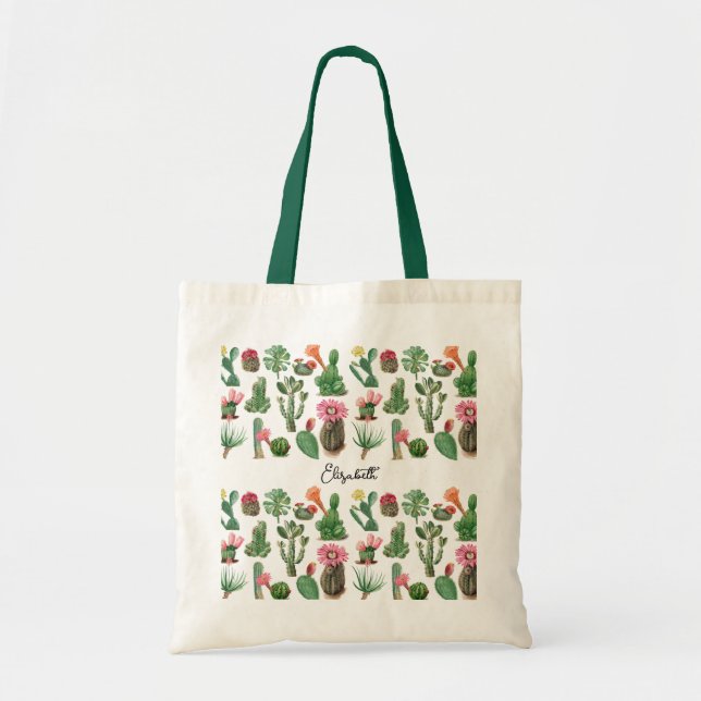 Colorful Watercolor Cactus & Succulents Flowers Tote Bag (Front)