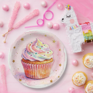 Colorful Watercolor Cup Cake Paper Plates. Plate