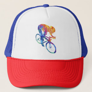 Colorful Watercolor Cyclist Dynamic Bike Racing Trucker Hat