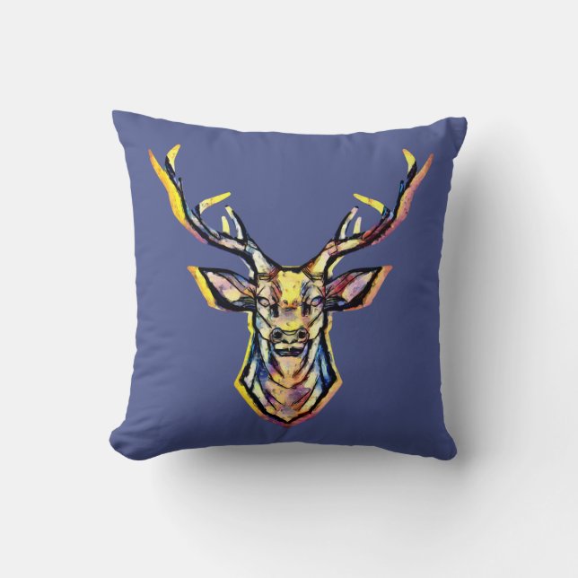 Colorful Watercolor Deer Head Art  Cushion (Front)