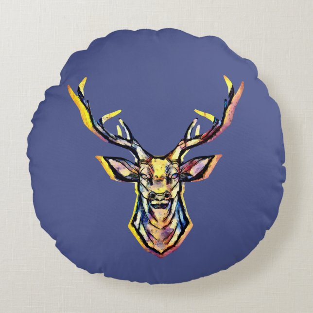 Colorful Watercolor Deer Head Art  Round Cushion (Front)