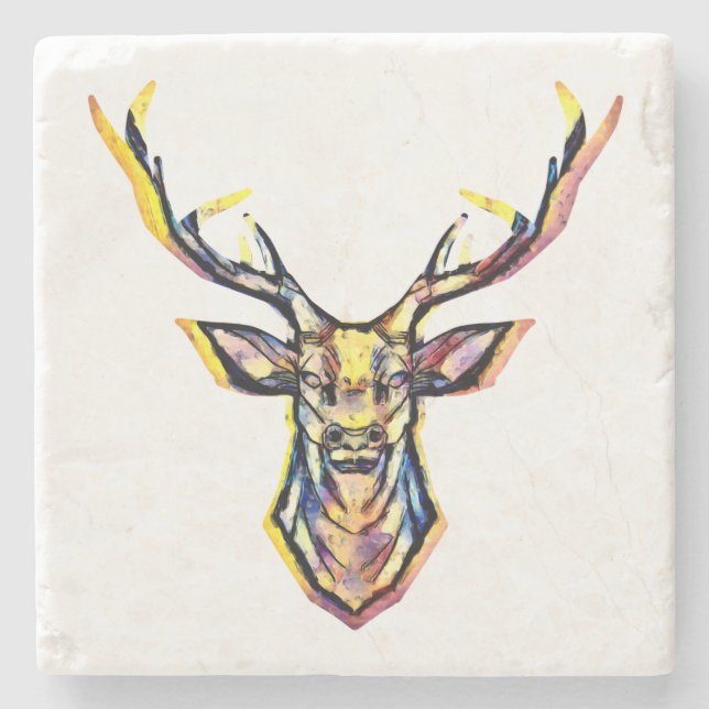 Colorful Watercolor Deer Head Art Stone Coaster (Front)