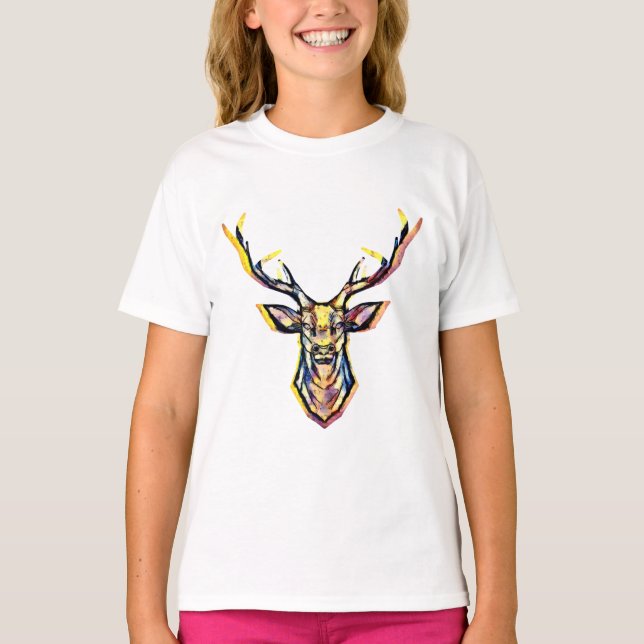 Colorful Watercolor Deer Head Art  T-Shirt (Front)