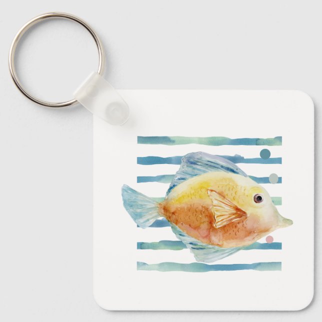 COLORFUL WATERCOLOR FISH, COASTAL BEACH RENTAL KEY RING (Front)