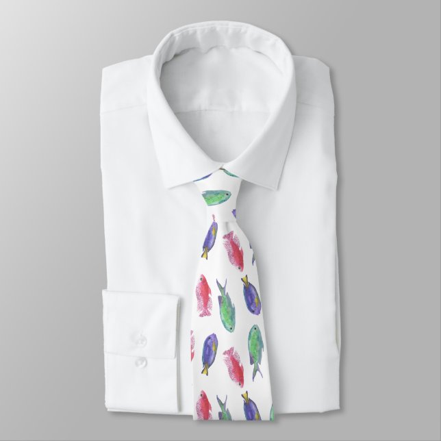 Colorful Watercolor Fish Illustration Tie (Tied)