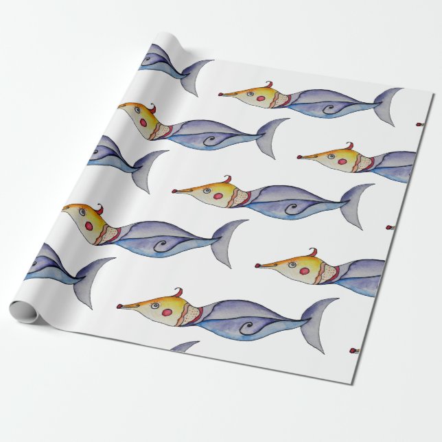 Colorful Watercolor Fish Wrapping Paper (Unrolled)