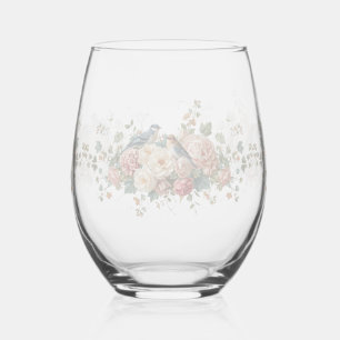 Colorful Watercolor Floral birds wedding Stemless Wine Glass
