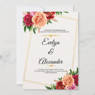Colorful Watercolor Floral Gold Frame Wedding Invitation
