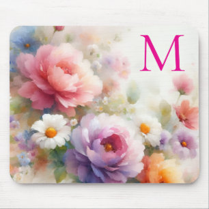Colorful Watercolor Floral Template Monogram Mouse Mat