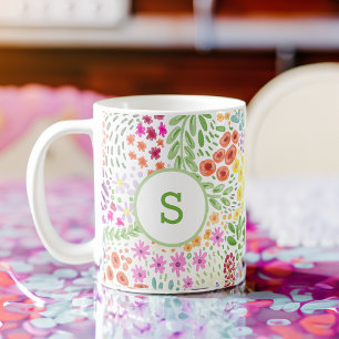 Colorful Watercolor Flower Pattern Spring Monogram Coffee Mug