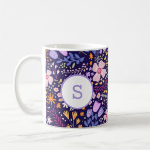 Colorful Watercolor Flower Pattern Spring Monogram Coffee Mug