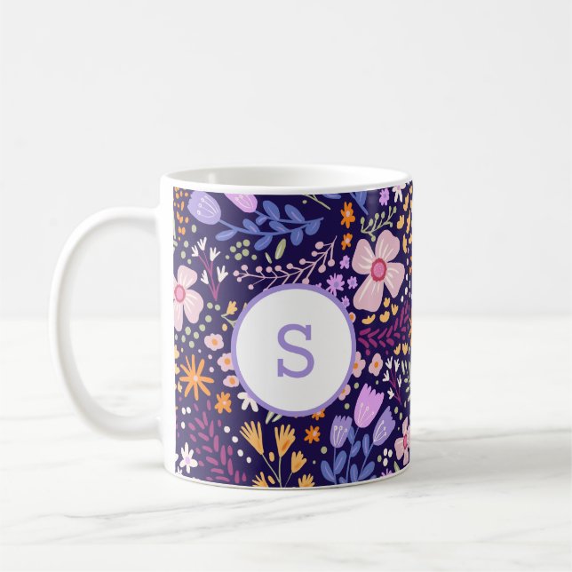 Colorful Watercolor Flower Pattern Spring Monogram Coffee Mug (Left)