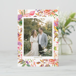 Colorful Watercolor Flowers Custom Photo Wedding Thank You Card