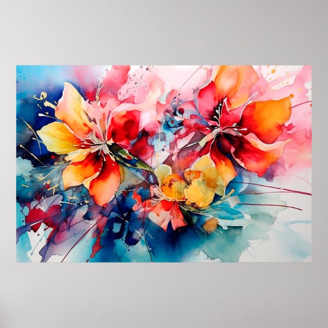 Colorful Watercolor Flowers Vibrant Art Poster (Front)