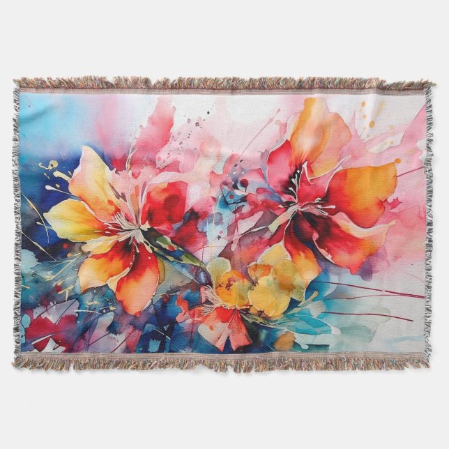 Colorful Watercolor Flowers Vibrant Art Throw Blanket (Front)