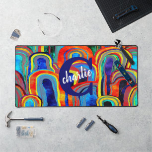 COLORFUL WATERCOLOR FUNKY STRIPE MONOGRAM DESK MAT