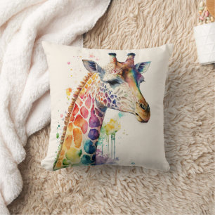 Colorful Watercolor Giraffe Throw Pillow