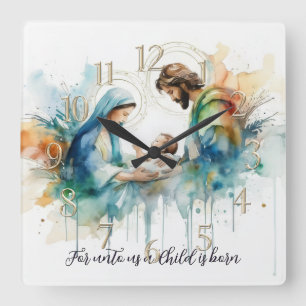 Colorful Watercolor Holy Family Square Wall Clock