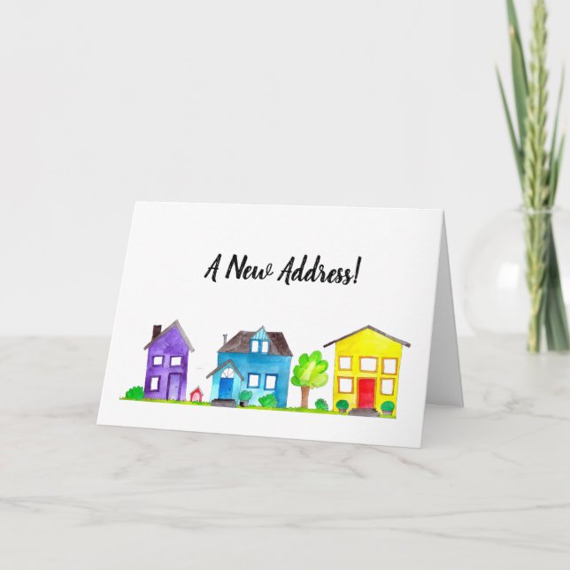 Colorful watercolor houses New address card (Front)