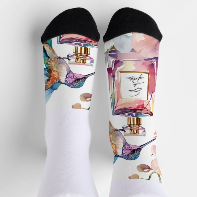 Colorful Watercolor Hummingbird & Perfume Floral S Socks (Top)