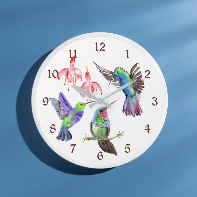 Colorful Watercolor Hummingbirds Large Clock (Creator Uploaded)