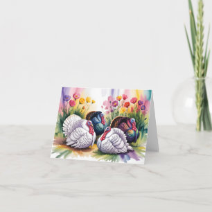 Colorful Watercolor Illustration of Turkeys Holiday Card