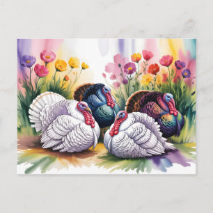 Colorful Watercolor Illustration of Turkeys Postcard