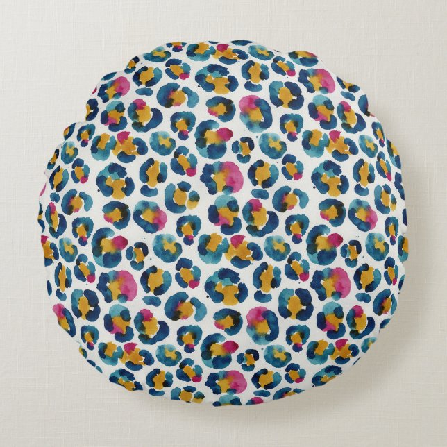 Colorful Watercolor Leopard Print Pattern Round Cushion (Front)