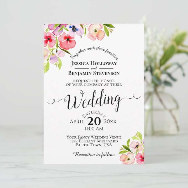 Colorful Watercolor Pansies & Wildflowers Wedding Invitation (Standing Front)