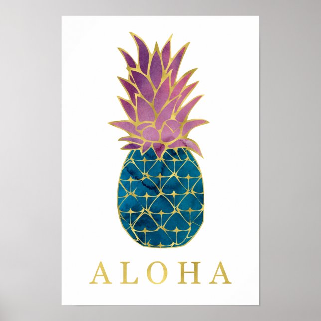 Colorful Watercolor Pineapple and Gold Aloha Poster (Front)