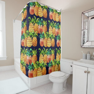 Colorful Watercolor Pineapple Pattern on Navy Blue Shower Curtain