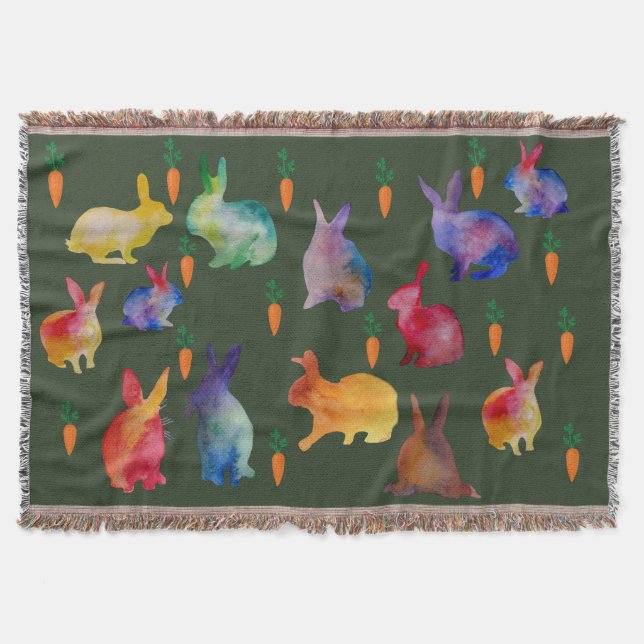 Colorful Watercolor Rabbits Easter Throw Blanket (Front)