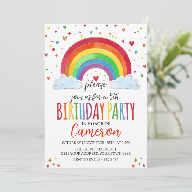 Colorful Watercolor Rainbow Girl Birthday Party Invitation (Standing Front)