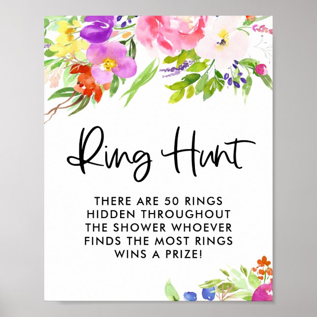 Colorful Watercolor Spring Blooms Ring Hunt Game Poster (Front)