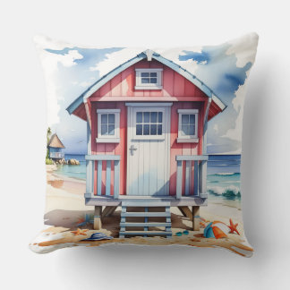 COLORFUL WATERCOLOR SUMMER BEACH HUT CUSHION