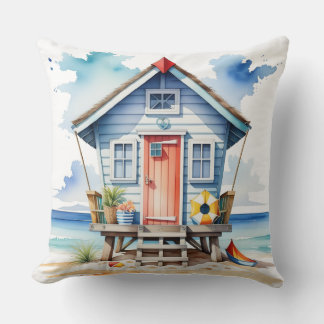 COLORFUL WATERCOLOR SUMMER BEACH HUT CUSHION
