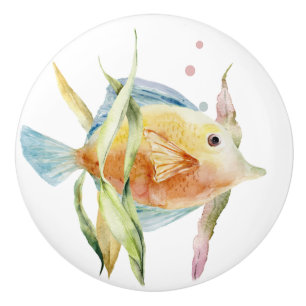 COLORFUL WATERCOLOR TROPICAL FISH, BEACH CERAMIC KNOB