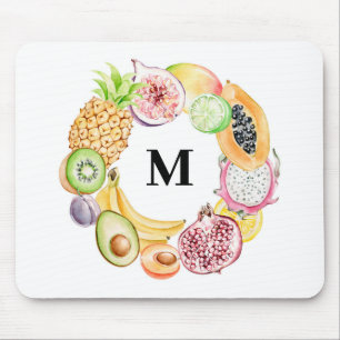 Colorful Watercolor Tropical Fruit Wreath Monogram Mouse Mat
