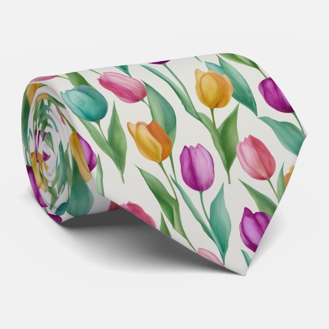 Colorful Watercolor Tulip Floral Pattern Tie (Rolled)