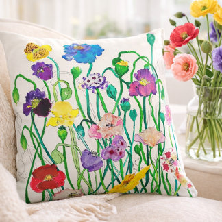 Colorful Watercolor Wild Poppies Boho Floral Decor Cushion