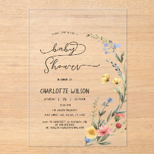 Colorful Watercolor Wildflower Baby Girl Shower Acrylic Invitations